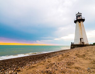 Lighthouse on a sandy beach at sunset