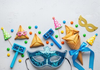 Fototapeta premium Bright and joyful Purim festival items, cookies, and masks.