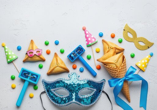 Bright and joyful Purim festival items, cookies, and masks.