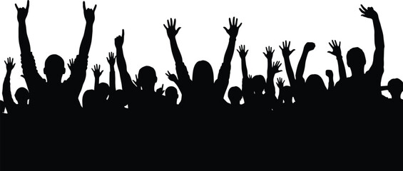 Excited crowd with hands raised in celebration, cheering at a concert or event