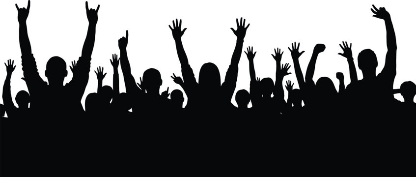 Excited crowd with hands raised in celebration, cheering at a concert or event