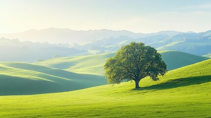 Breathtaking landscape with lush green rolling hills vibrant yellow grass and a solitary large tree under a clear blue sky with distant mountain ranges
