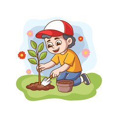 Illustration Design of  A Boy Planting a Tree Environmental Conservation and Gardening