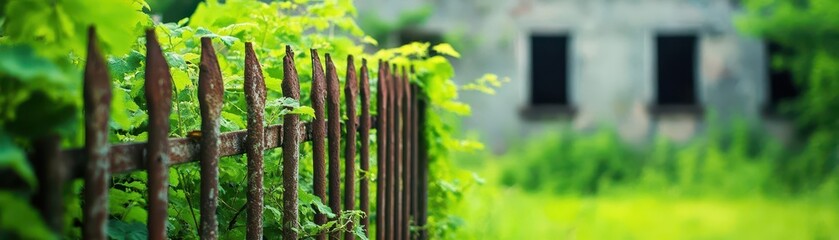 Obraz premium Rustic wooden fence with weathered slats and lush green foliage in the background creating a peaceful rural scene with natural vegetation and rustic charm