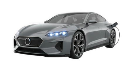 Sleek grey concept car with led headlights and sporty design displayed on a black background transparent background