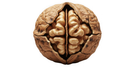 Intricate top-down view of a walnut shell revealing a brain-like interior natural pattern and texture exploration transparent background