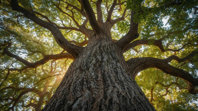 giant oak trees with wide trunks and lush leaves, sunlight breaking through gaps