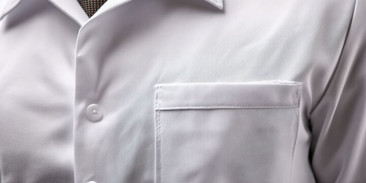 Crisp, white collared shirt with button and pocket detail, closeup