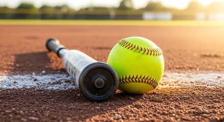 Softball bat and ball resting on the infield, ready for the next play.  Golden hour light illuminates the scene.