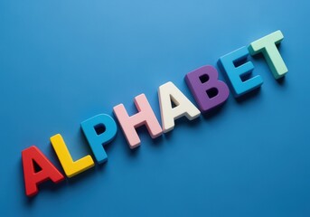 Vibrant colorful alphabet letters on a blue surface