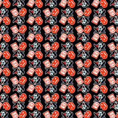 Halloween-themed repeat composition featuring vampire, pumpkin, and tombstone icons.