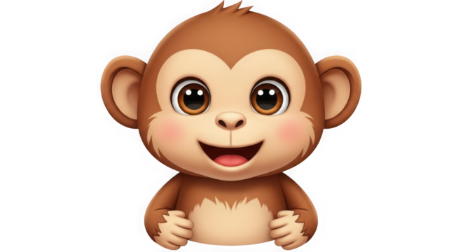 Adorable baby monkey character with big expressive eyes and open mouth smiling for fun and playful projects transparent background