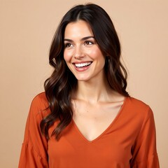 A charming studio portrait of a beautiful young brunette woman with a radiant smile and long wavy hair. Cheerful caucasian female looking aside with joy against a neutral background
