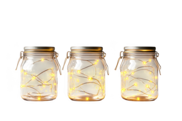 Three glass mason jars filled with string lights, decorative lighting elements, party decor, isolated on transparent background