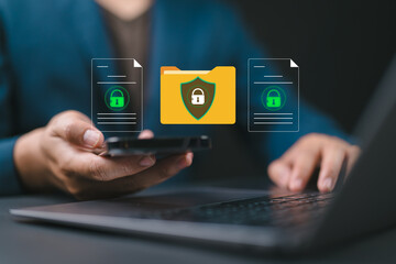 Documentation and security concept, Auditor checking office documents, Management of important document storage of organization, digital network database technology, global data transmission