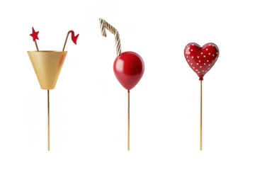 Festive party cake toppers: cocktail, balloon, and heart decorations for celebrations and events isolated on transparent background