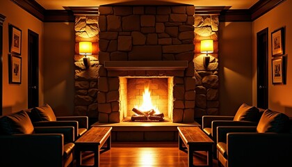 Cozy Fireside Lounge Bar Warm Ambiance with Roaring Fireplace and Comfortable Armchairs