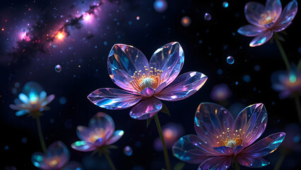 Ethereal Glass Flowers:  Cosmic Bloom,  Night Sky Background,  Fantasy Art,  Vibrant Purple and Blue Hues.