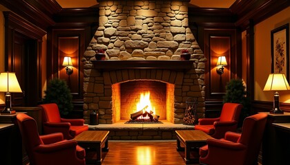 Cozy Fireside Lounge Bar Warm Ambiance with Roaring Fireplace and Comfortable Armchairs