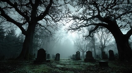 Foggy Cemetery Landscape with Dark Trees and Shadowy Tombstones