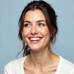 A beautiful young woman with a radiant smile and healthy white teeth, exuding happiness and confidence. A friendly and inviting portrait against a plain blue background