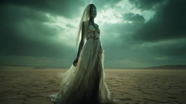 Woman in white dress with glowing eyes stands on cracked earth under a stormy sky background halloween zombie video