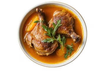 Delicious duck confit dish with orange sauce and parsley garnish in a bowl, gourmet food photography, isolated on transparent background