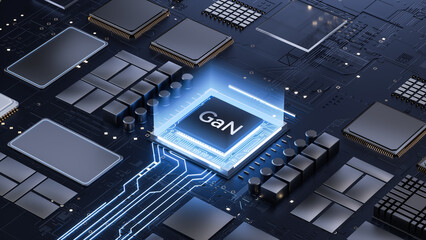 3D Rendering of GaN Semiconductor Chip on High - Tech Circuit Board for Electronics Innovation Visualization 