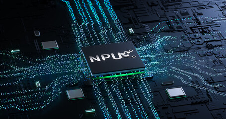 Digital Art Showcasing Advanced NPU Chip on Futuristic Circuitry for Technology Innovation Marketing Campaigns