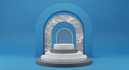 Modern Abstract Stage Podium with Marbled Arch and Blue Background