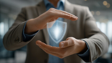 Digital shield protection symbolizes workplace security evolution with hands safeguarding glowing shield in modern office environment