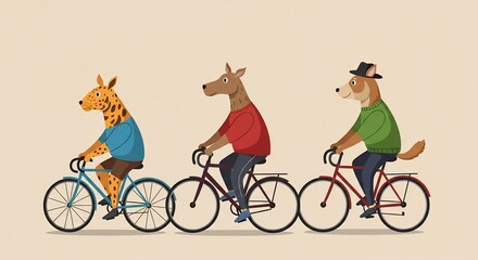 Obraz premium 陽光降り注ぐ道、動物たちが自転車で快走する姿。穏やかなイラスト. AI Generated