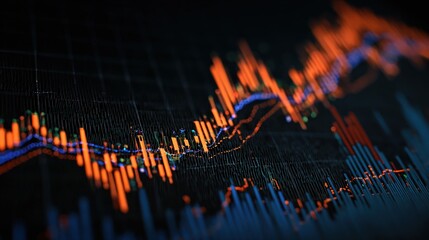 Upward trending graph with red and blue lines on a black background in a close up angled view