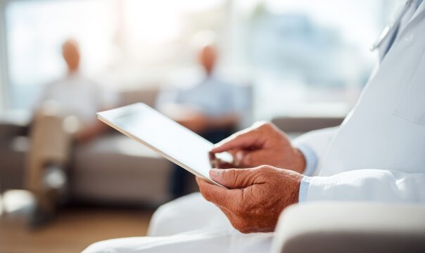 Doctor uses tablet, focused on hands. Blurred patients await. Medical white coat and stethoscope indicate profession. Bright, modern waiting area