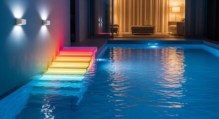 Modern Luxury Pool Glows with Vibrant Rainbow LED Steps at Night