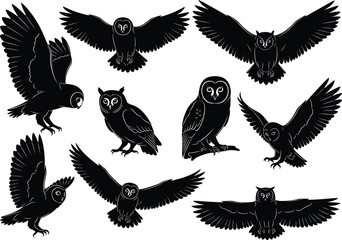 Set of owl silhouette vector illustrations, flying and perched owls, bird of prey design, wildlife graphic, nocturnal animal, forest bird icon