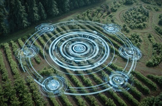 Overhead view of a cultivated field with a digital overlay of glowing circles and connecting lines, aerial perspective - Powered by Adobe