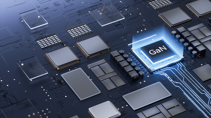 3D Rendering of GaN Power Semiconductor Chip on High - Tech Circuit Board for Electronics Engineering