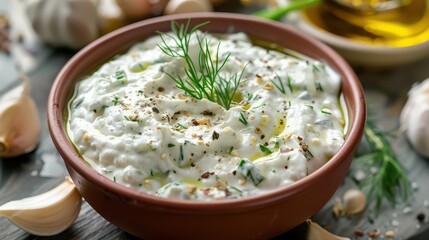 Tzatziki sauce in a bowl garnished with dill, garlic, and olive oil on a rustic wooden table