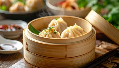 Steamed dumplings in a bamboo steamer