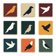 Collection of Colorful Minimalist Bird Silhouettes in a Grid Layout