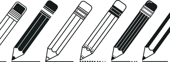 Obraz premium Row of pencils with erasers, some filled in black, poised to write or draw on white background