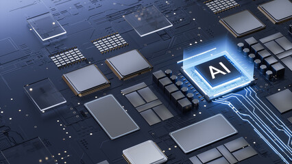 Digital Art Depicting AI Integrated Circuit on Electronic Circuit Board for Tech Innovation and Semiconductor Visuals