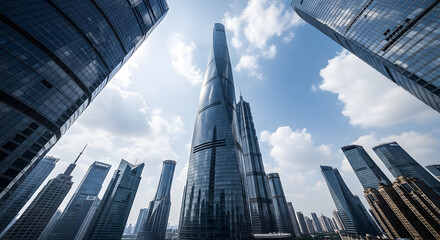 Shanghai Skyline: Skyscrapers Reaching for the Sky on a Sunny Day