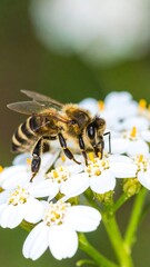 Honeybee on a cluster of white flowers.  Close-up