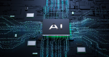 3D Rendering of AI Processor Chip on Circuit Board for Technology and Innovation Concepts