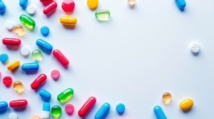 Colorful Assortment of Pills and Capsules Scattered on a White Background.