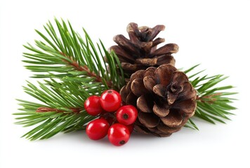Festive arrangement with pine branches, pine cones, and bright red berries on a clean white background
