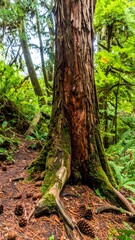 Lush forest floor with large mossy tree trunk