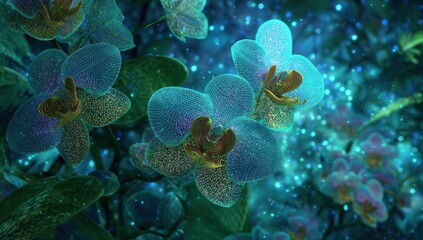 Fototapeta premium A vibrant display of luminous turquoise orchids, showcasing intricate mesh details against a backdrop of shimmering light effects.
